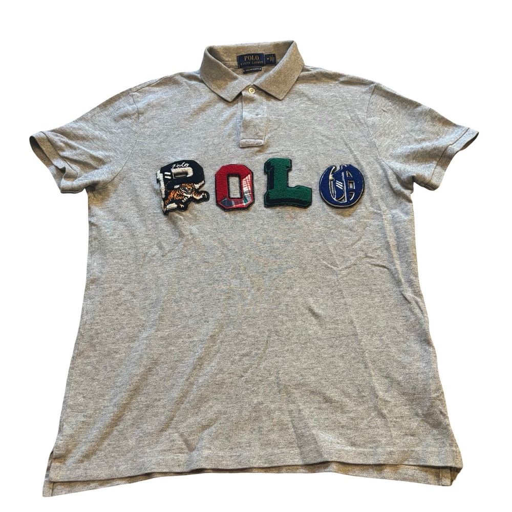 Polo Ralph Lauren Mens Gray Custom Slim Fit Varsity Patch Polo Shirt Medium‎